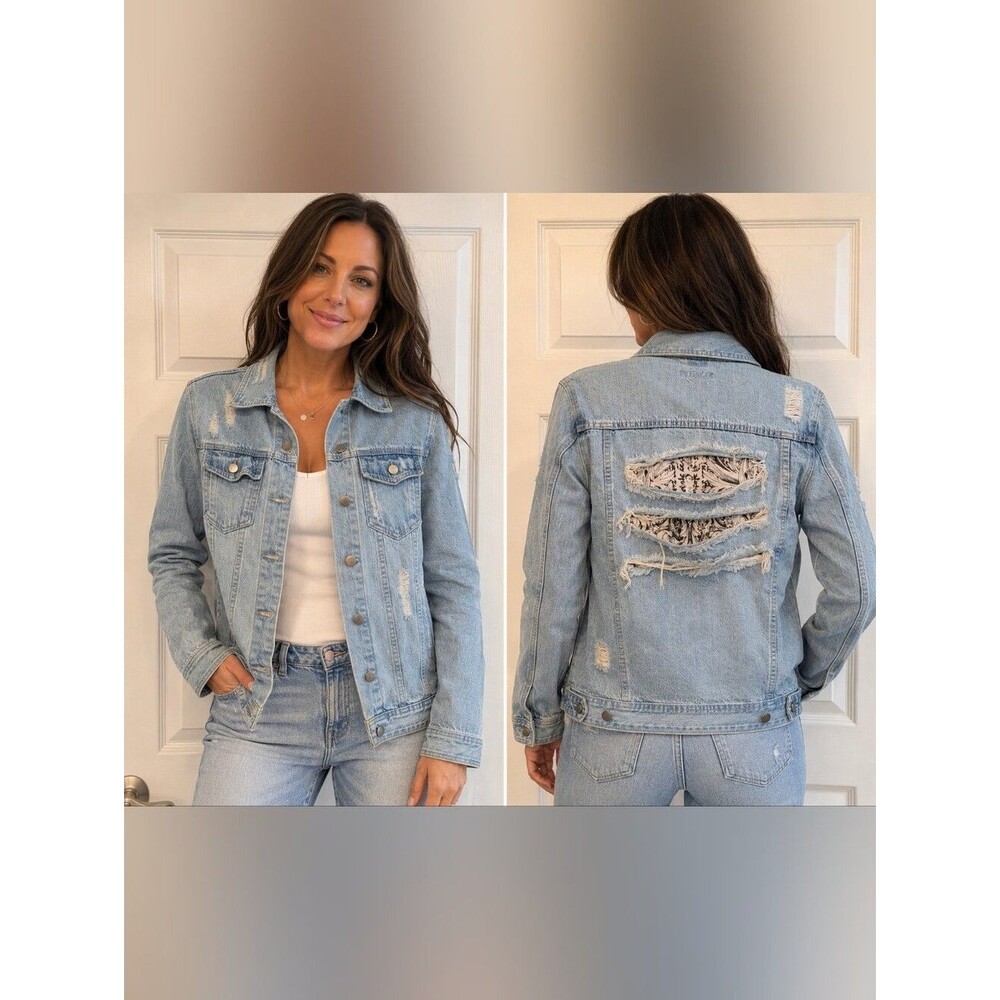 INC Distressed Denim Jacket Paisley Cutout Back XS Distressed Y2K Retro Moto